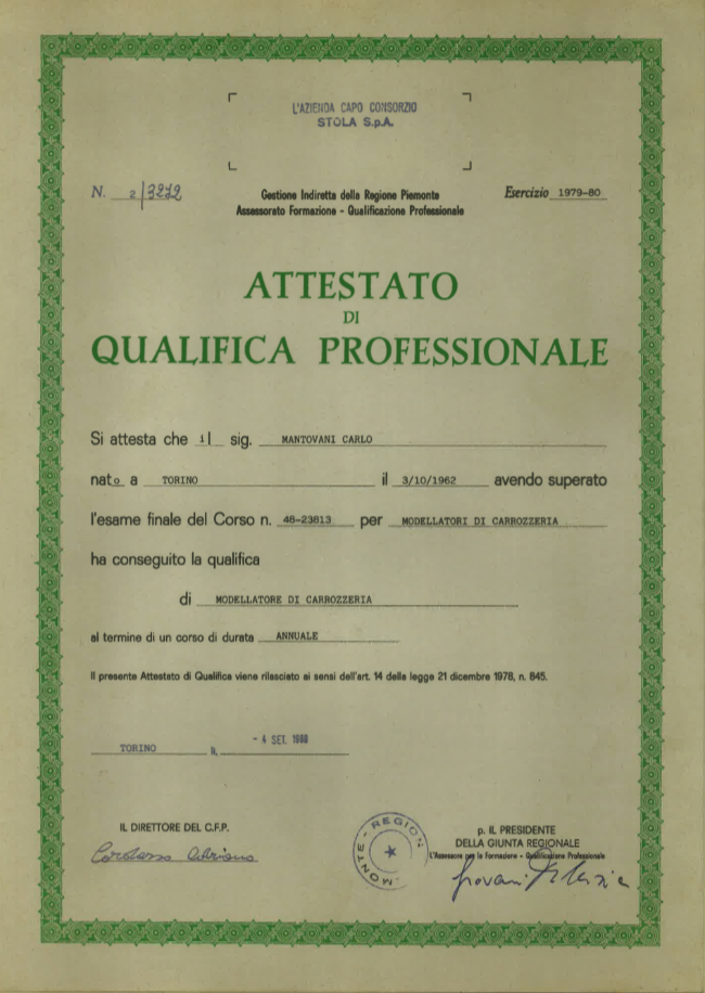 The Professional Qualification certificate from the modeling course of the student Carlo Mantovani.