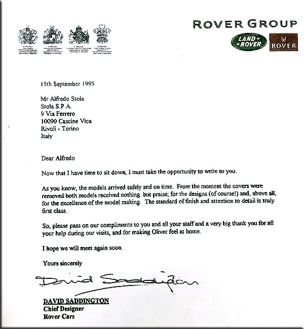 Settembre 1995. La lettera di congratulazioni di David Saddungton capo del Centro Stile Gruppo Rover. In quel momento si pensava che i due modelli sarebbero stati esposti a Ginevra 1996, in realtà ciò avvenne l'anno successivo.