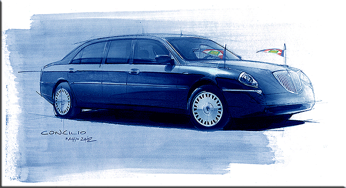Maggio 2002 Il disegno definitivo della Thesis Limousine presidenziale in colore blu di Giancarlo Concilio.